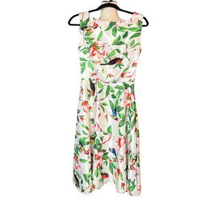 FLOWER & RAIN bird with leaves print dress. Size Small